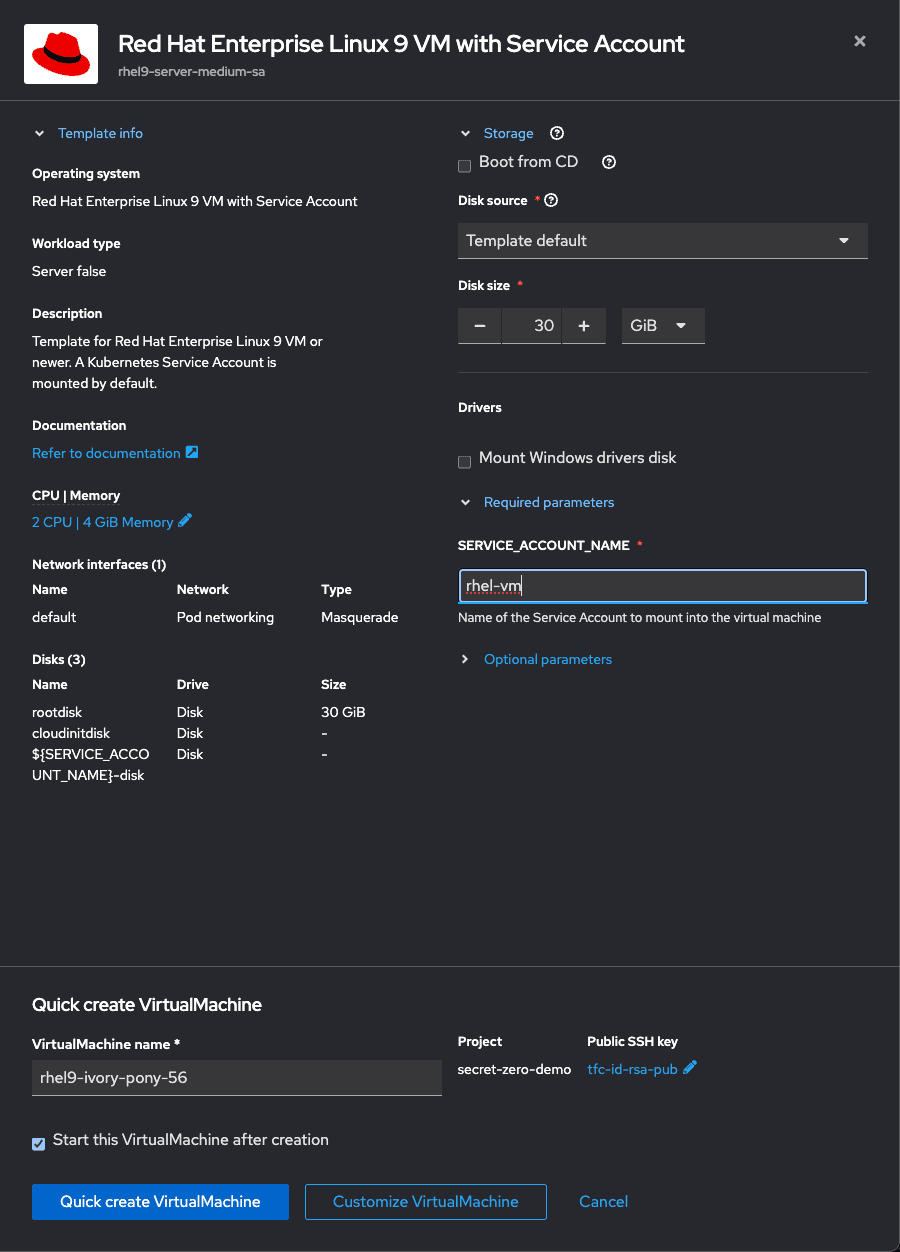 RHEL VM with service account