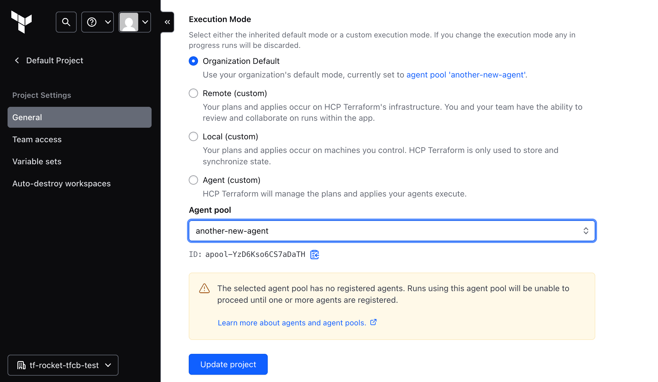 Set the default execution mode from the Project Settings menu.