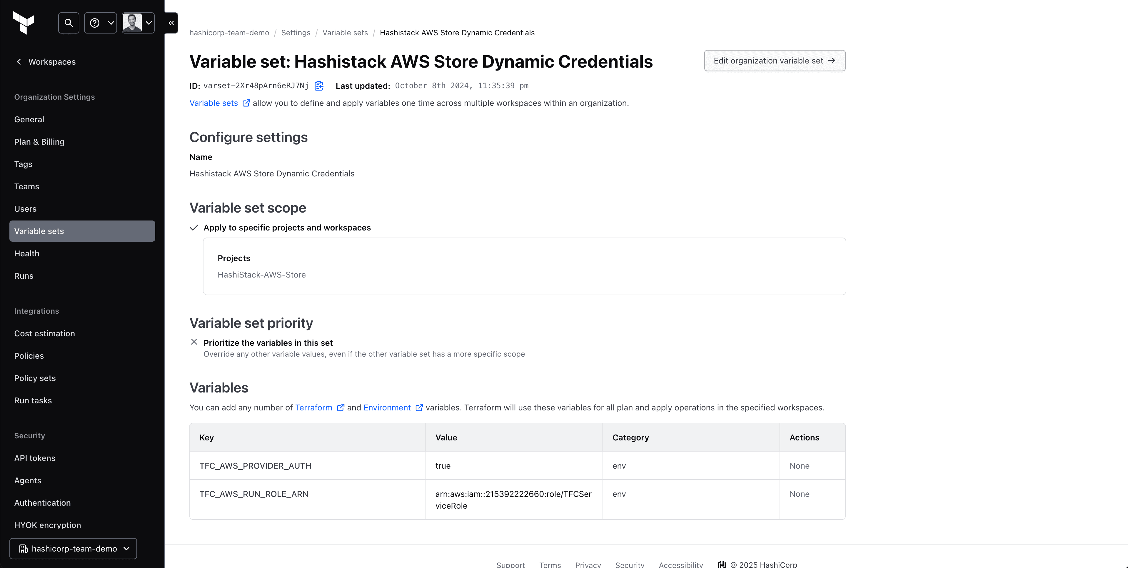 Variable sets for AWS infrastructure