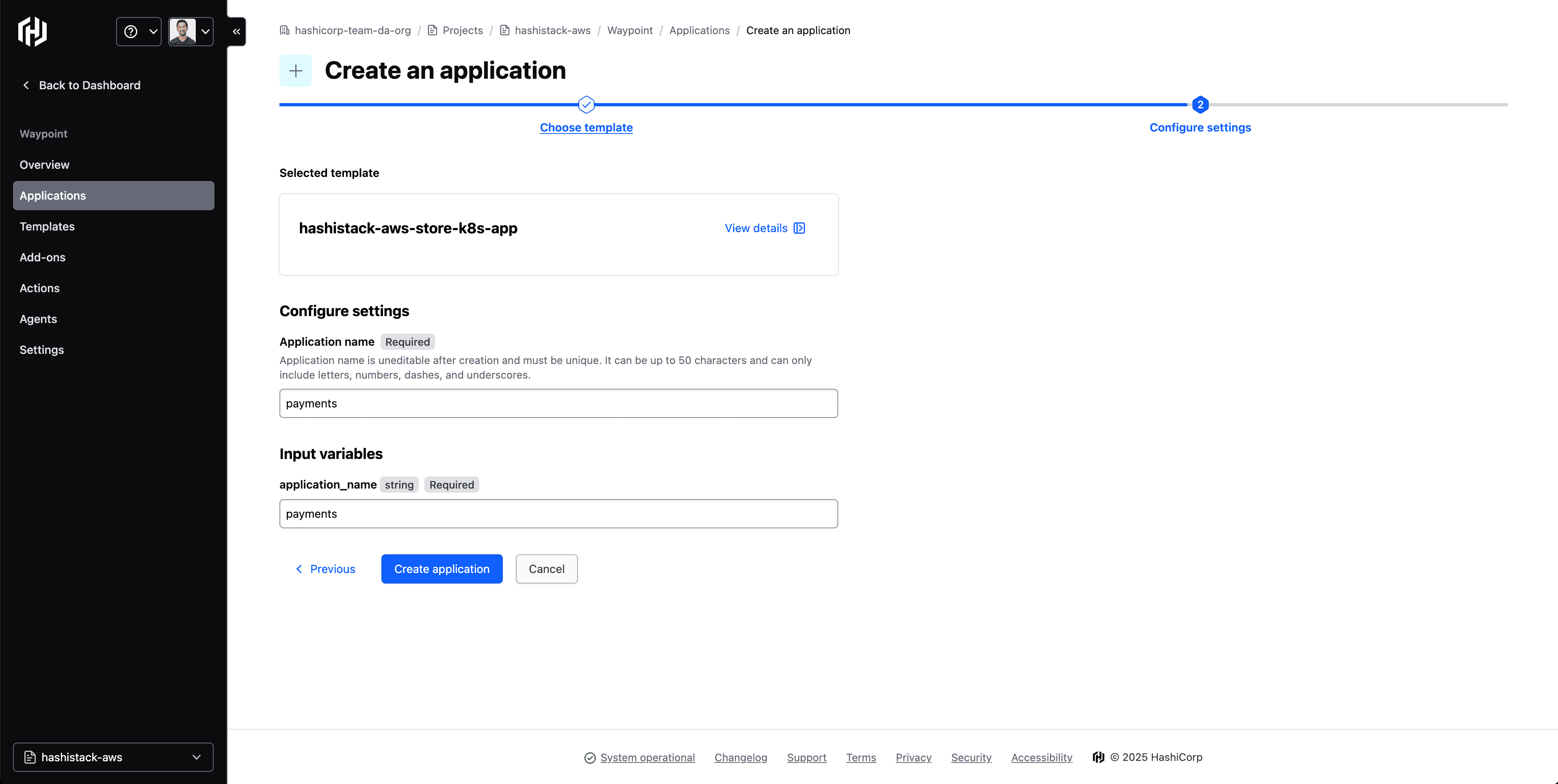Create an application in HCP Waypoint