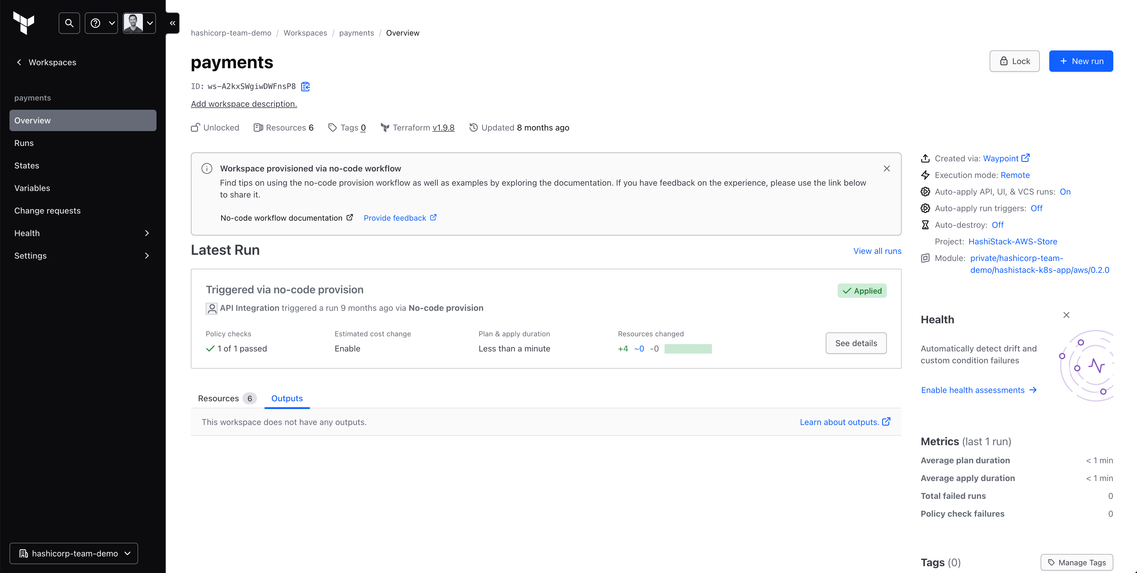 Workspace provisioned via no-code