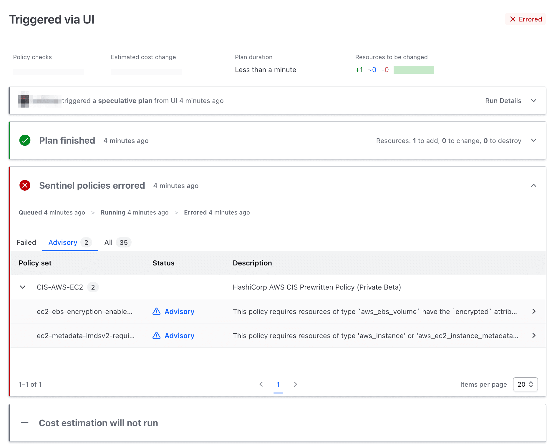 Policy as code check results in the HCP Terraform UI.  2 Advisory (non-blocking) errors logged.