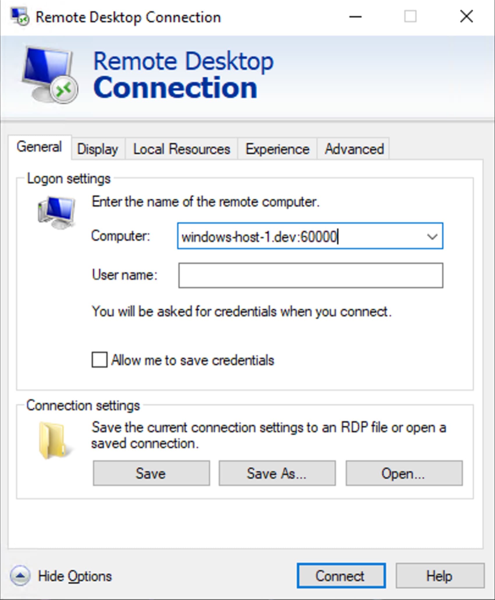 Windows remote desktop connection window