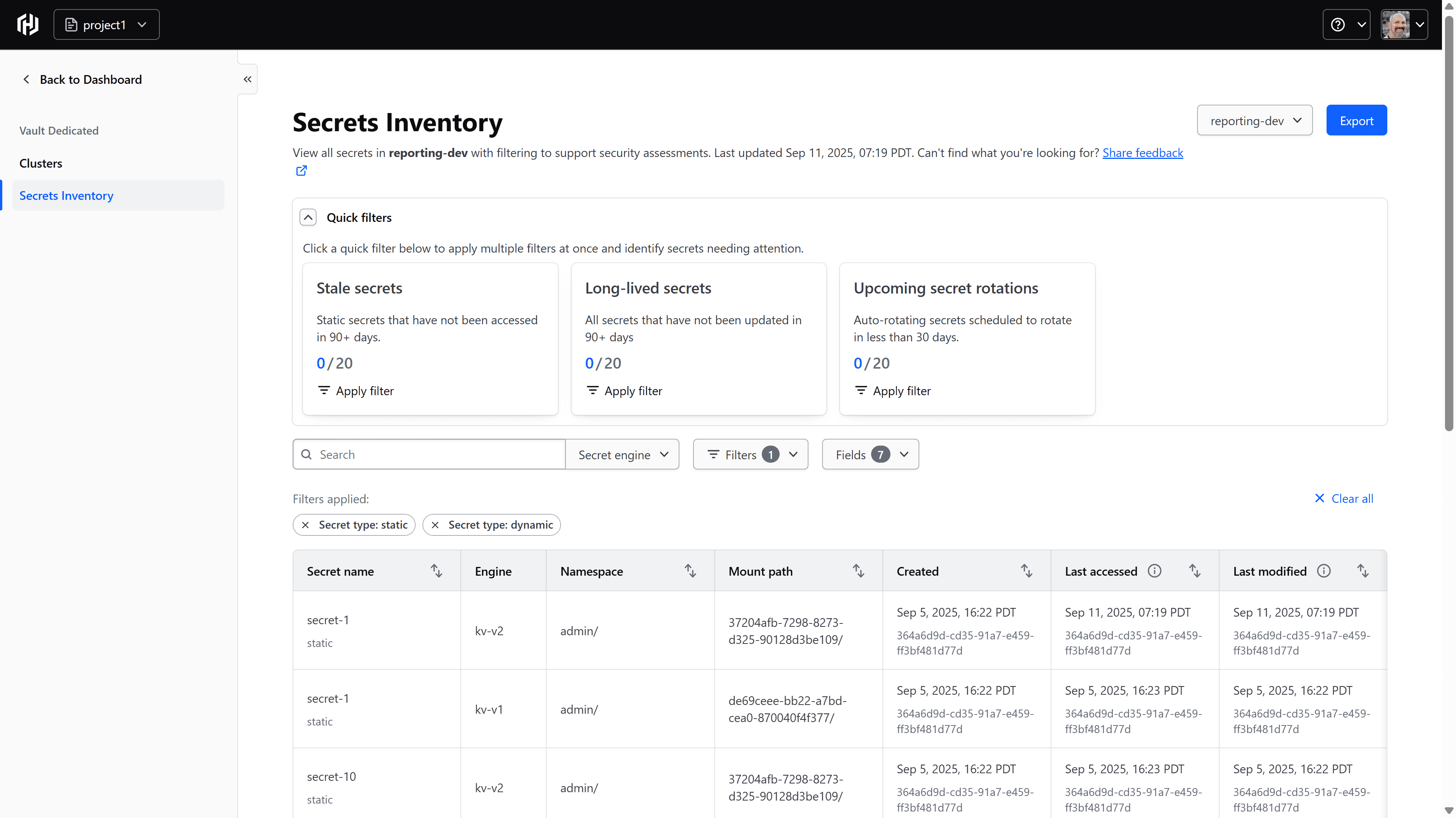 Secrets Inventory dashboard