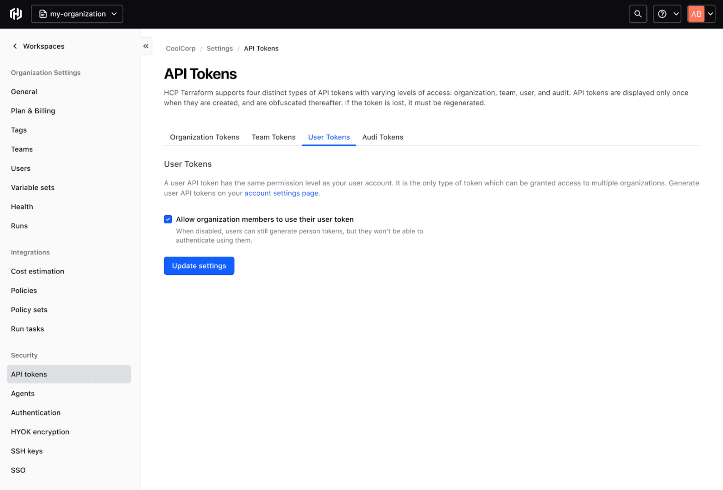 API tokens dashboard