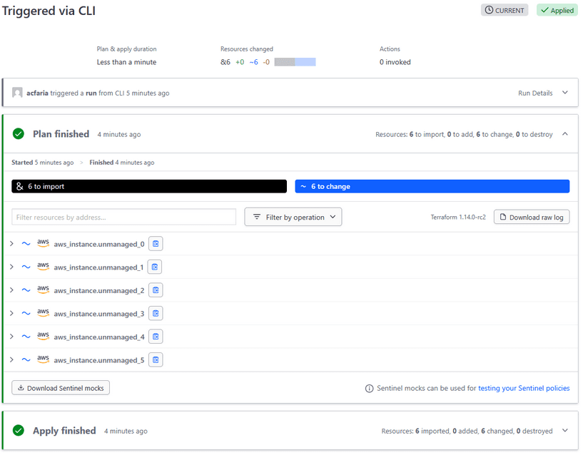 Terraform run status importing the previously unmanaged resources