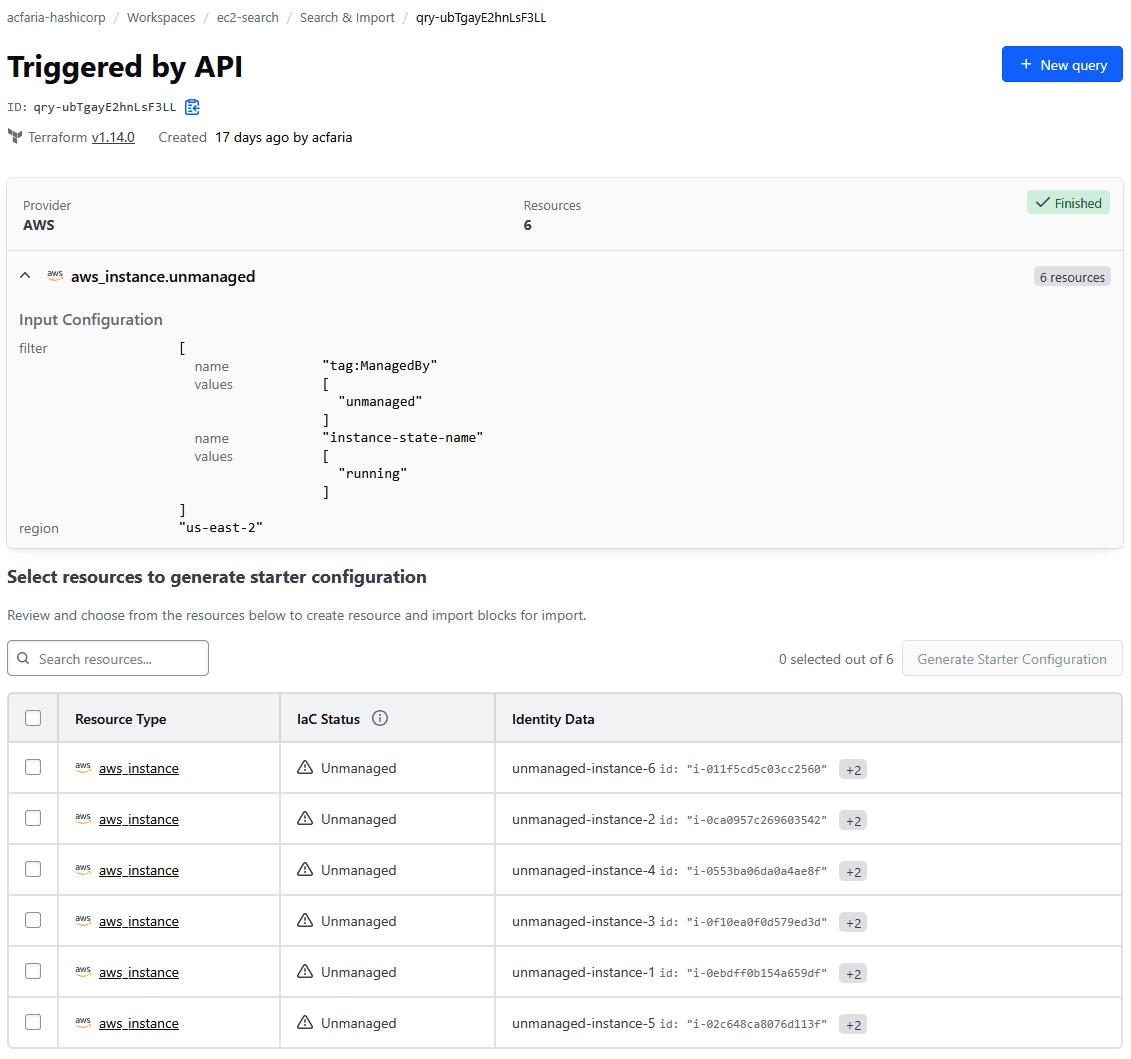 HCP Terraform UI displaying search query and results