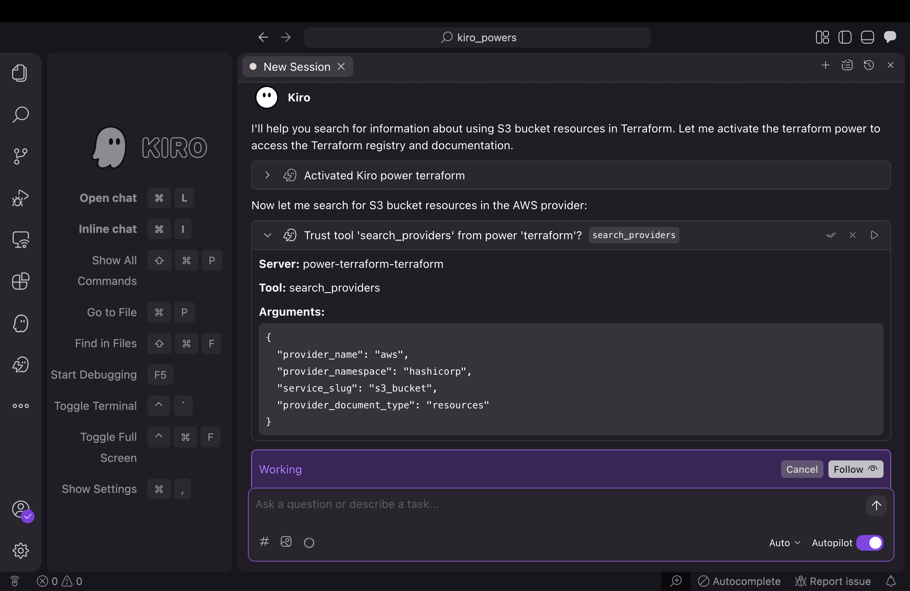 Kiro session activating Terraform power
