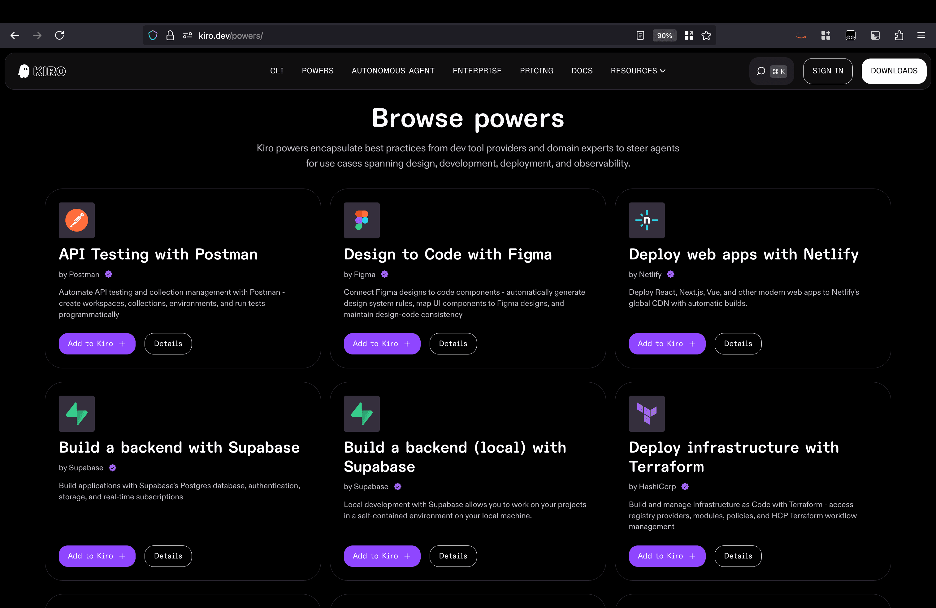 Kiro browse powers page