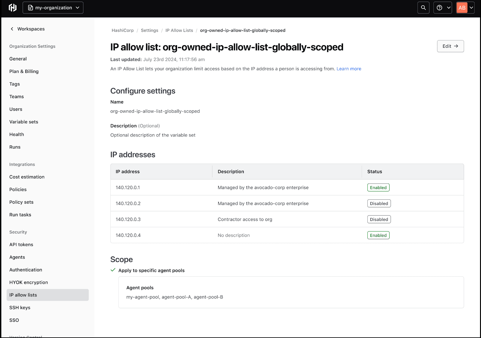 View a list of allowed IP addresses, who manages them, and status.