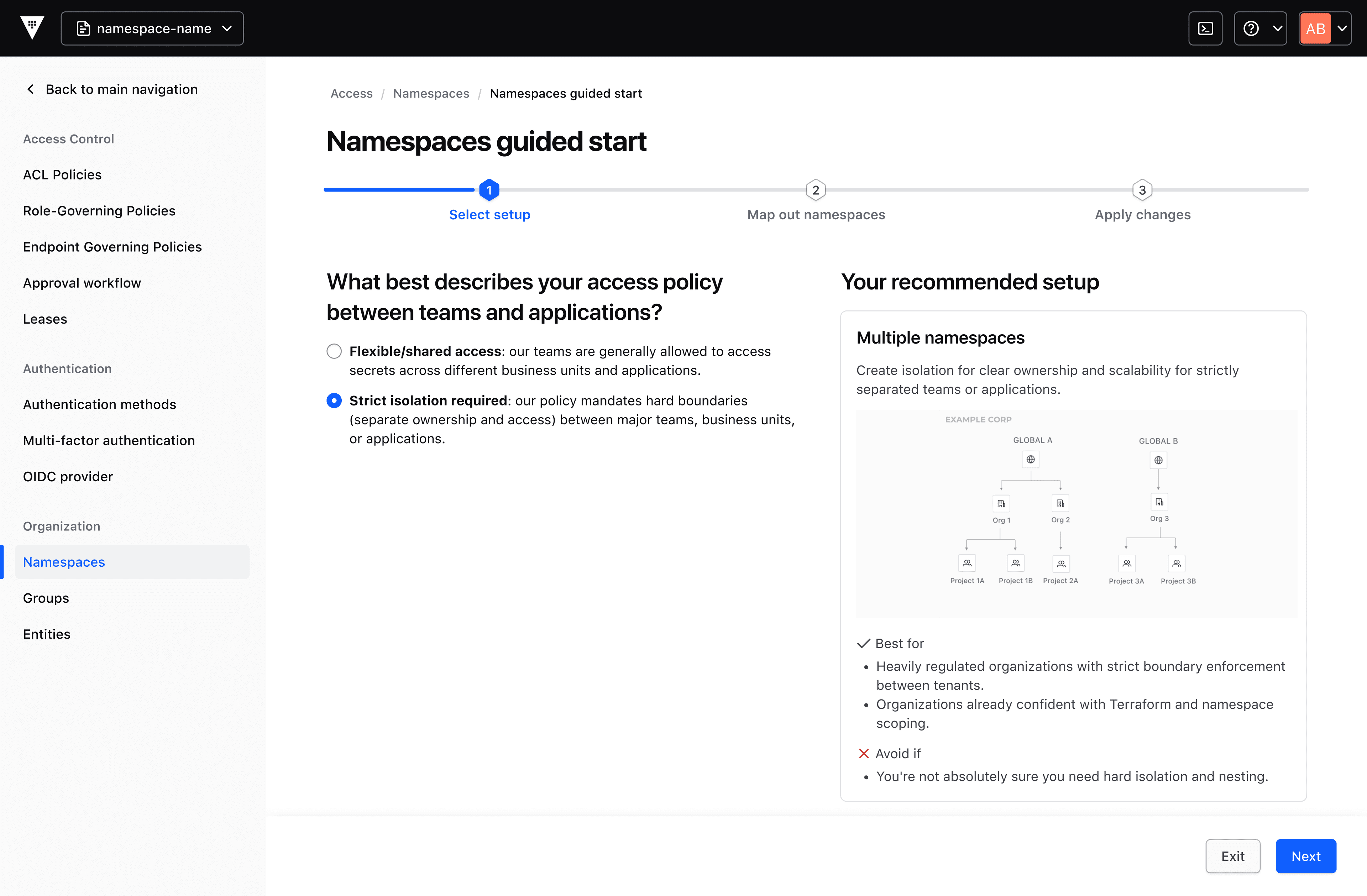 A screenshot of the IBM Vault UI showing the onboarding wizard for Namespaces