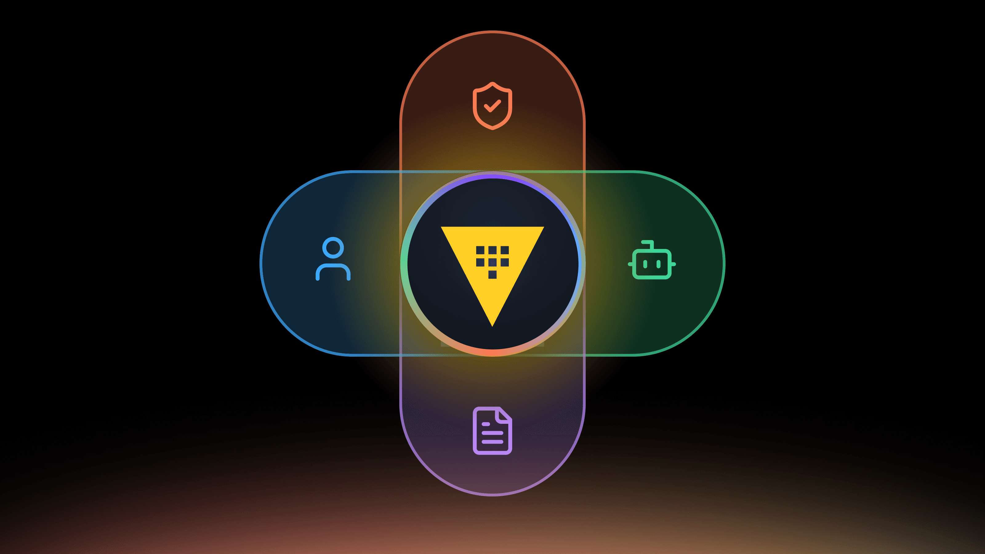 A visual summary of Vault's approach to agentic identity management. It shows how safe, authorized agent actions sit right at the center of four key requirements: human policies, agent policies, safety guardrails, and per-request context.