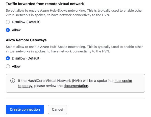 A screenshot from HCP Vault Dedicated UI with radio buttons to enable remote virtual network peering.