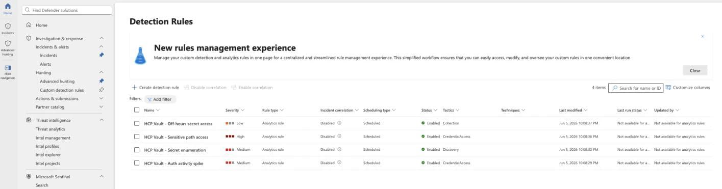 Figure 4. The repo's optional starter rules, enabled in the Microsoft Defender portal. They turn Vault audit activity into SOC alerts and incidents — but they aren't required for ingestion.