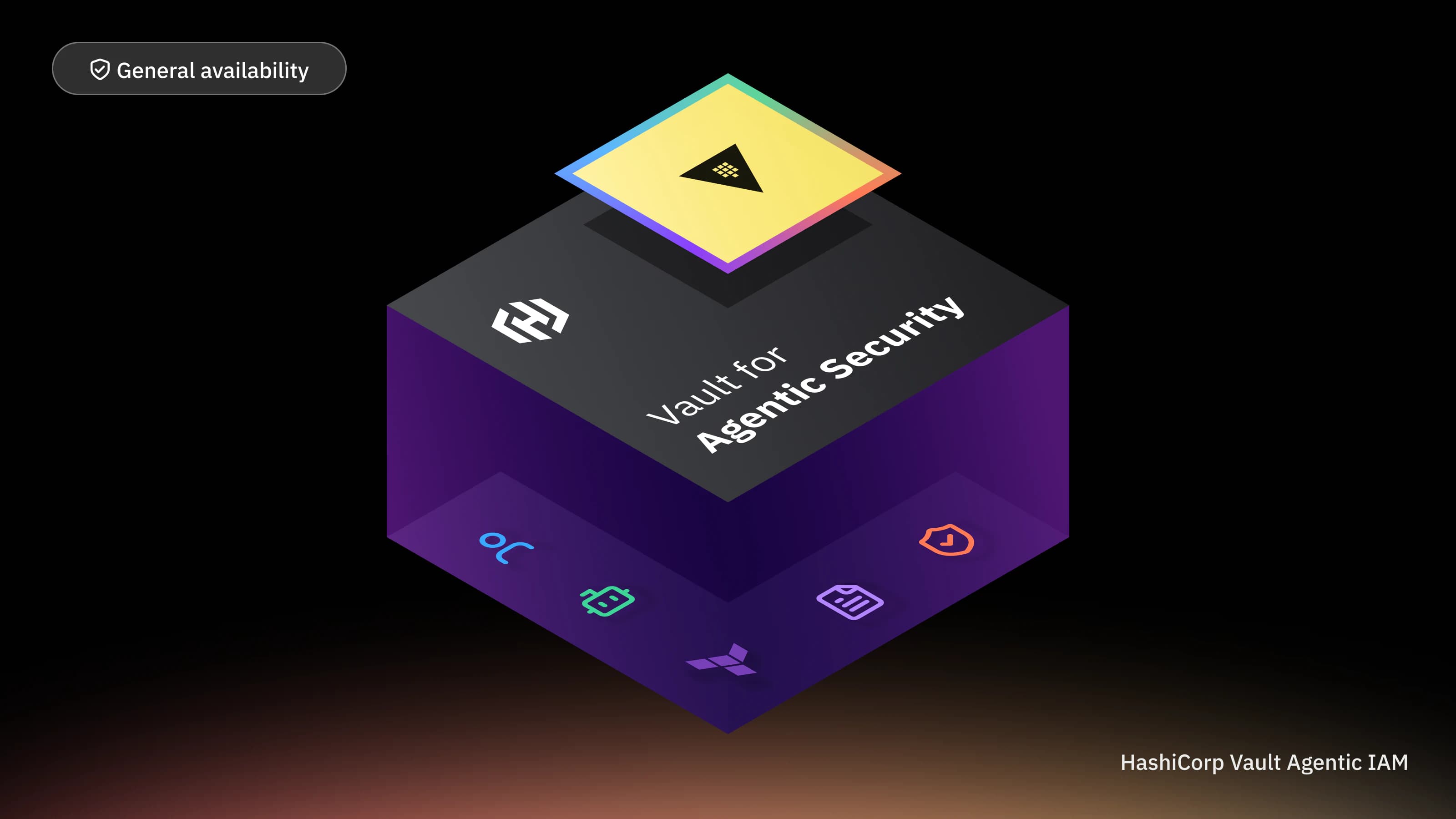 Diagram with HashiCorp Vault logo with icons for humans and non-human identities, applications, workloads and infrastructure.